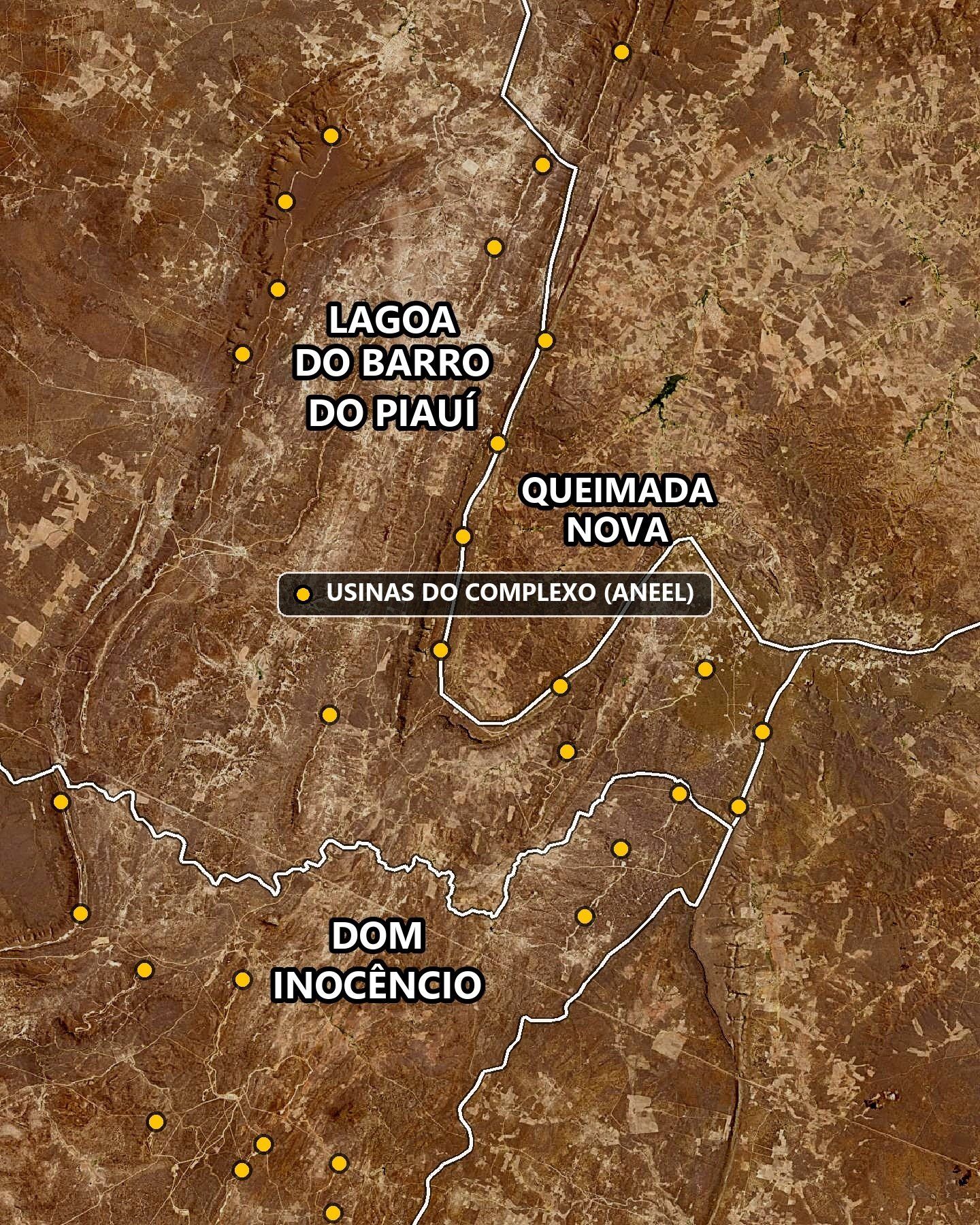 Imagem de satélite da caatinga com serras, linhas brancas das divisas entre Lagoa do Barro do Piauí, Queimada Nova e Dom Inocêncio e pontos amarelos marcando usinas eólicas